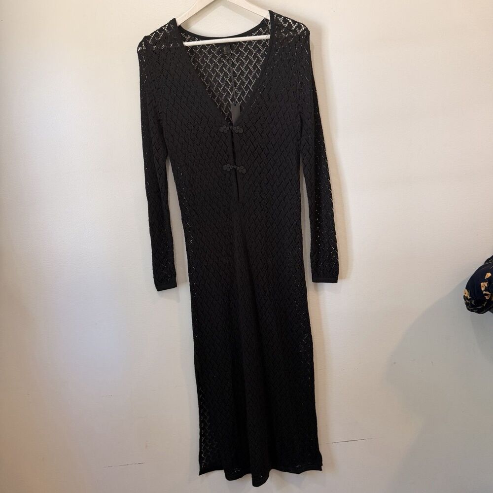 House of Harlow Black Open Knit Cover Up Dress Long Sleeve Midi Crochet Vneck Sm